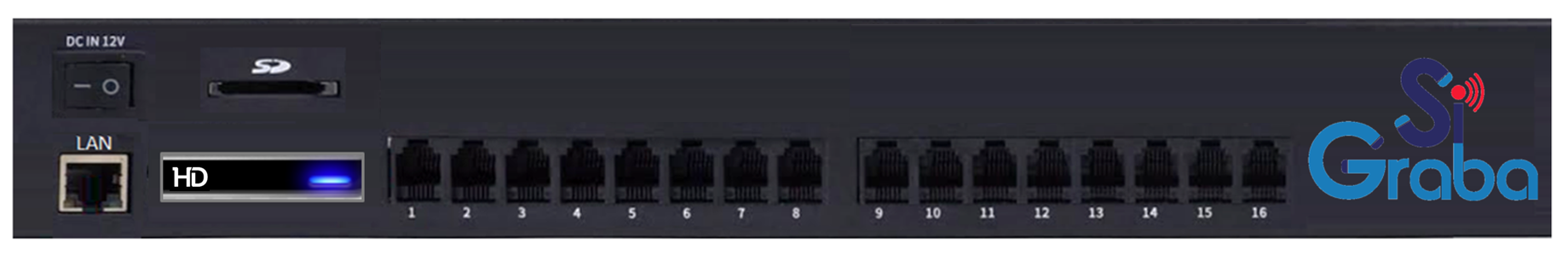 SiGraba con Micro Disco Duro SATA para almacenamiento de grabaciones además de ranura para Memoría MicroSD con puerto de Red Ethernet, Salida SMDR y administración por explorador Web de 16 Puertos
