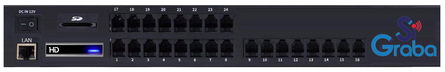 SiGraba con Micro Disco Duro SATA para almacenamiento de grabaciones además de ranura para Memoría MicroSD con puerto de Red Ethernet, Salida SMDR y administración por explorador Web de 24 Puertos